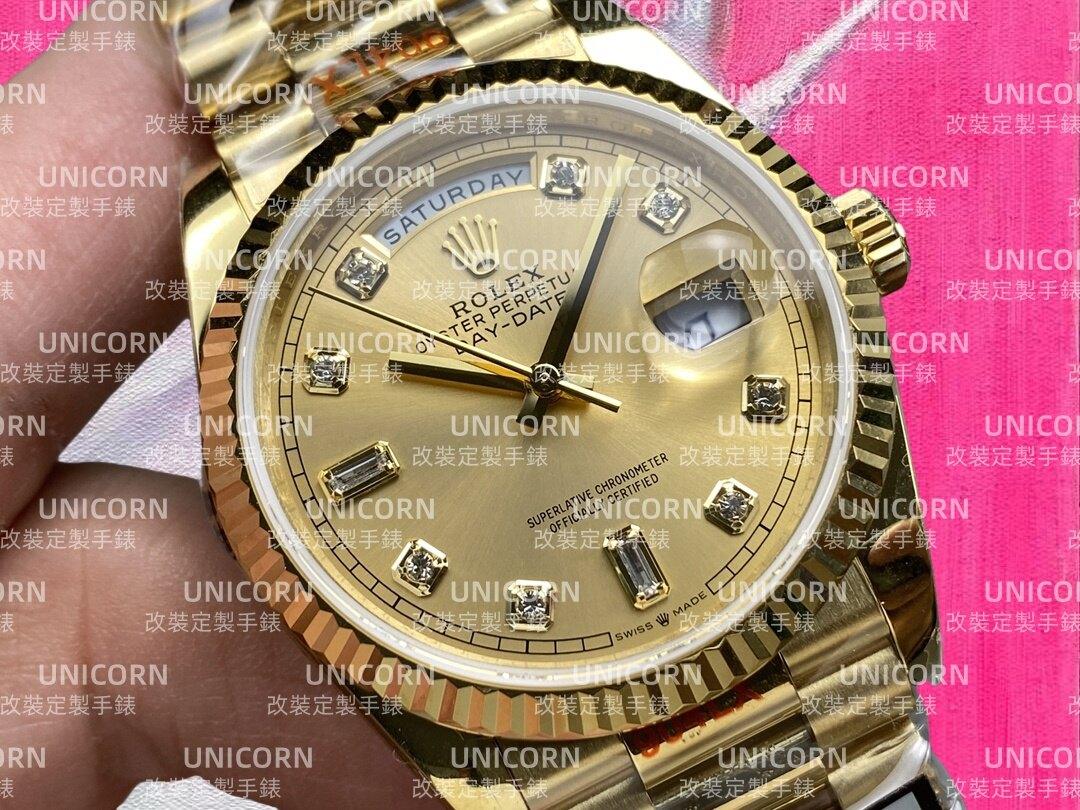 改裝定製 QF廠 ROLEX 勞力士 星期日曆型 日期顯示 金色鑲鑽 36mm