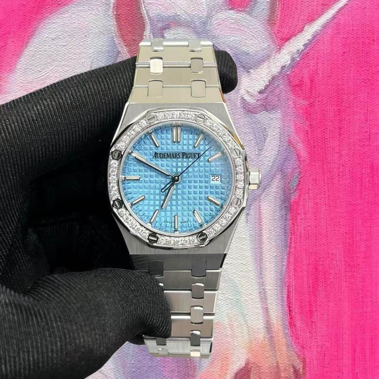  改裝定製  高仿 Audemars Piguet 愛彼 皇家橡樹 77451st 冰藍盤 女士腕錶