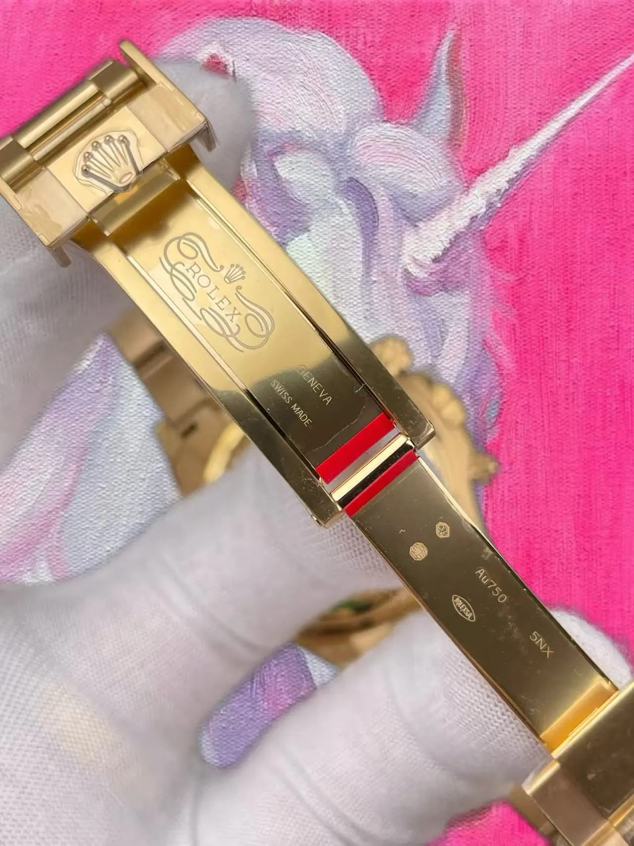 V3 綠金迪表扣內側：ROLEX 標 + GENEVA + 5NX 編碼 + Au750