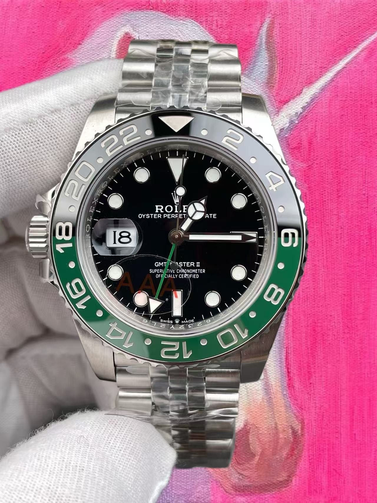 雪碧圈 126720VTNR 黑面綠黑圈 40mm 904L 鋼款 GMT 復刻正面實拍